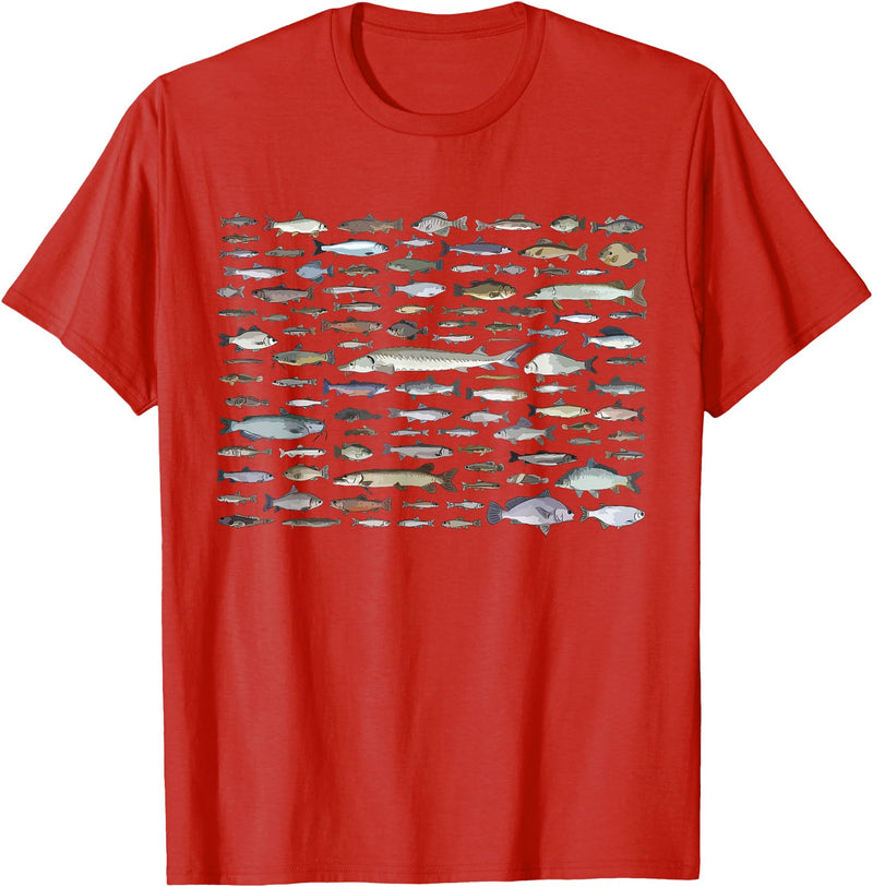 100 Types Of Fish Species Tee 100 Types of Freshwater Fish Species Fishing T-Shirt - Red