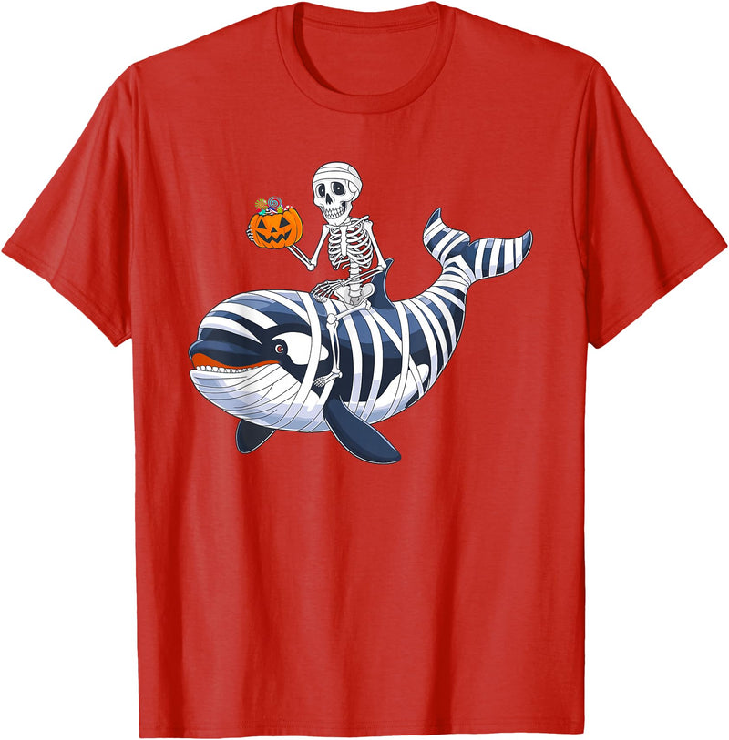 Orca Skeleton Halloween Whale Apparel Co. Skeleton Riding Mummy Orca Halloween Candy Whale T-Shirt - Red