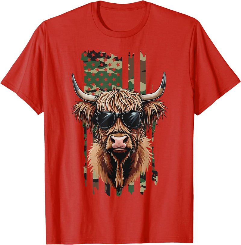 Highland Cow by AKH Highland Cow Camo American Flag, Patriotic Highland Cow T-Shirt - Red