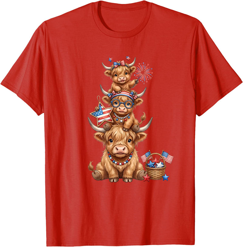 Funny 4th Of July Highland Cow Apparel Cute Highland Cow 4th of July Patriotic American Flag T-Shirt - Red