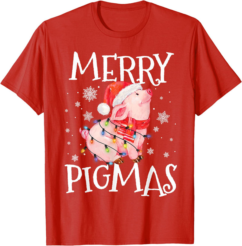 Christmas Funny Gifts Merry Pigmas Funny Pig Christmas Lights Tree Xmas Funny T-Shirt - Red