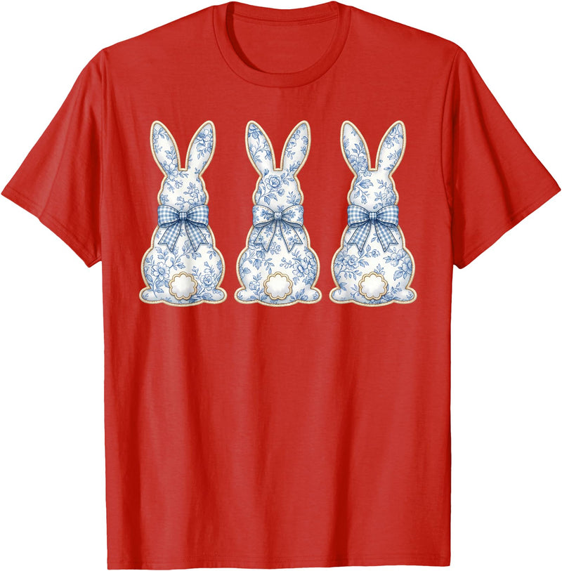 Blue Floral Easter Bunnies Chinoiserie Rabbit Bow T-Shirt in Red