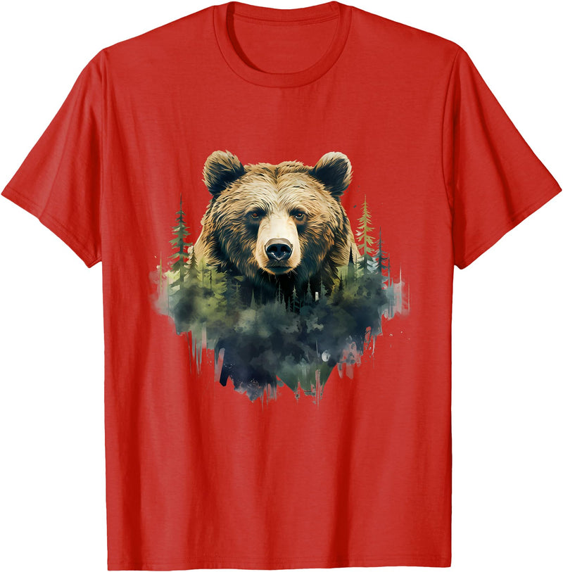Bear Forest Animal Art Portrait Forest Artwork Wildlife T-Shirt - Red