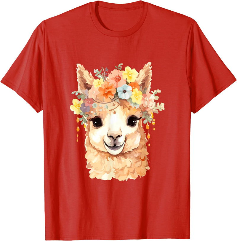 Alpaca and llama with flowers Designs Alpaca with Flowers, Cute Alpaca and Llama T-Shirt - Red