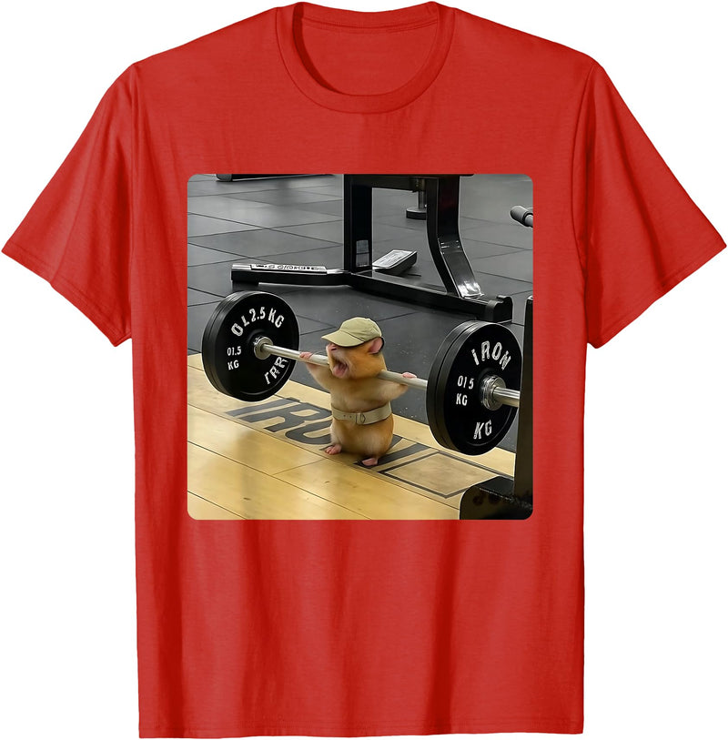 Hamster Deadlift Training Funny Cute Rat Weightlifting Meme T-Shirt - Red