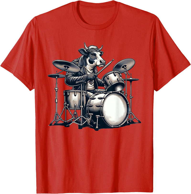 Cute Cow Playing Drums Cow Lover Apparel Cute Cow Playing Drums Cows Drummer Music T-Shirt - Red