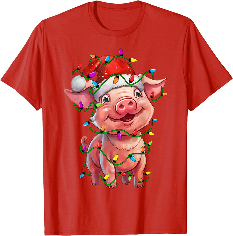 Pig Lovers Christmas Tree Lights Pig Santa Christmas Tree Lighting Xmas Funny T-Shirt - Red