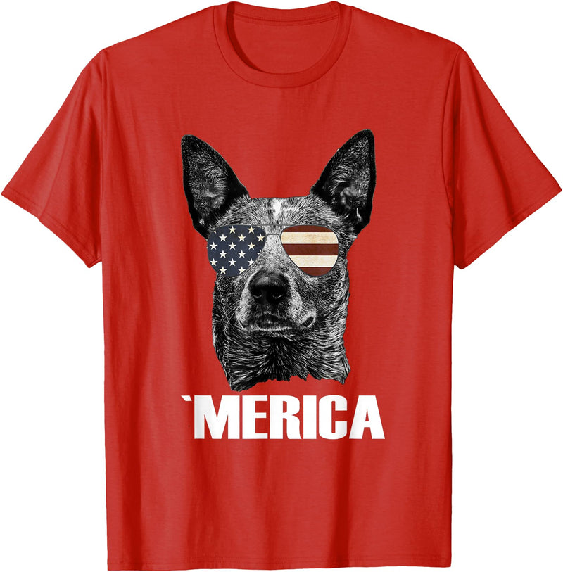 Australian Cattle Dog Patriotic Tee Gifts Merica Australian Cattle Dog with USA Flag Sunglasses Gift T-Shirt - Red