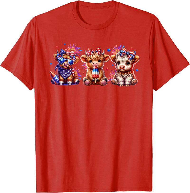 July 4th Highland Cow Farm Lovers American Costume Highland Cow Cattle Animal Lover Patriotic 4th of July T-Shirt - Red