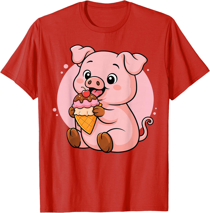 Funny Cute Pig Ice Cream Kawaii Design Pig Eating Ice Cream Graphic Boys Girls Pig Lover T-Shirt - Red