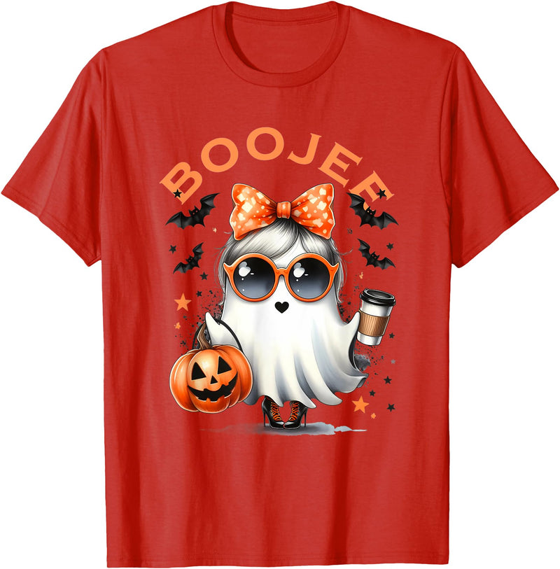 Spooky Halloween Ghost Reading Books Women Girl T Boo JEE Ghost with Coffee Coquette Bow Halloween Women Girl T-Shirt - Red