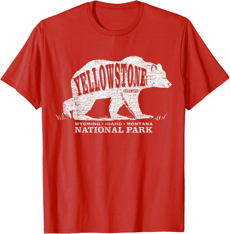 Vintage Yellowstone Retro Tees Tanks Tops Grizzly Bear Yellowstone National Park Est. 1872 T-Shirt - Red