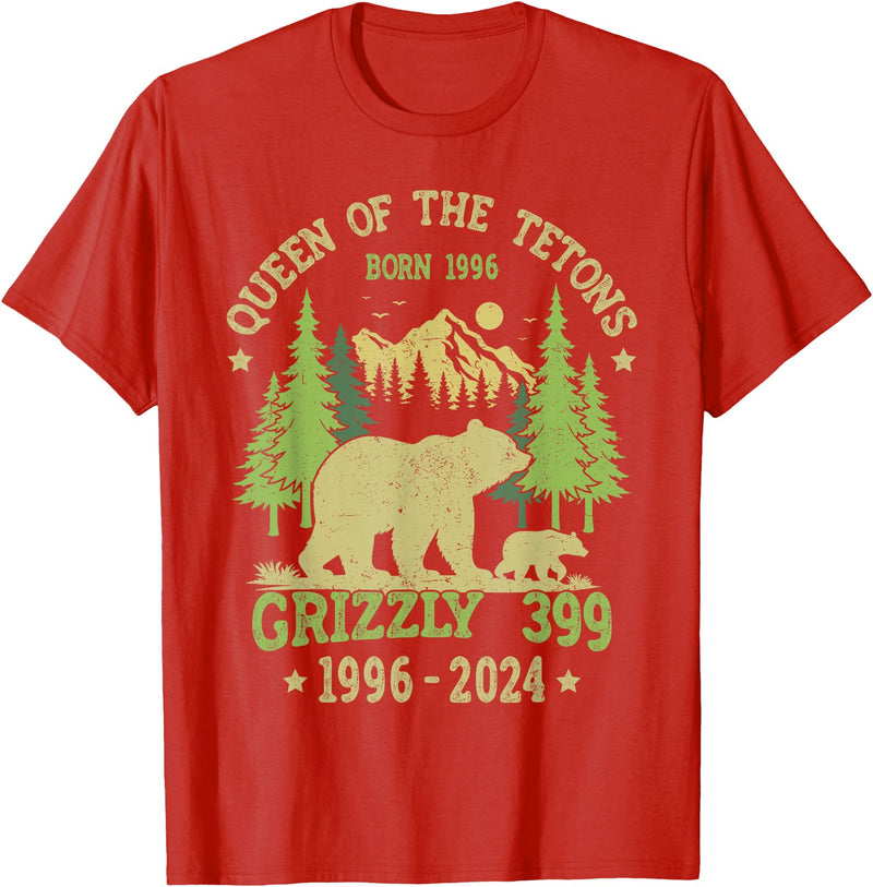 Vintage National Park Outfits Bear Lovers Apparel. Queen Of The Tetons Grizzly 399 National Park 1996-2024 T-Shirt - Red