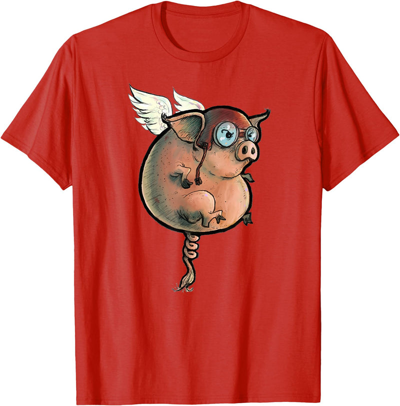 Logic Streetwear Flying Pig Funny Hand Drawn and Painted Art T-Shirt - Red