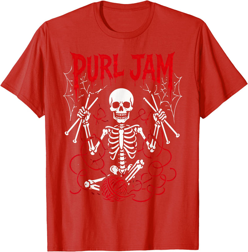 Bone Knitting Co. Purl Jam Skeleton Knitting Craft Lover Funny Design T-Shirt - Red