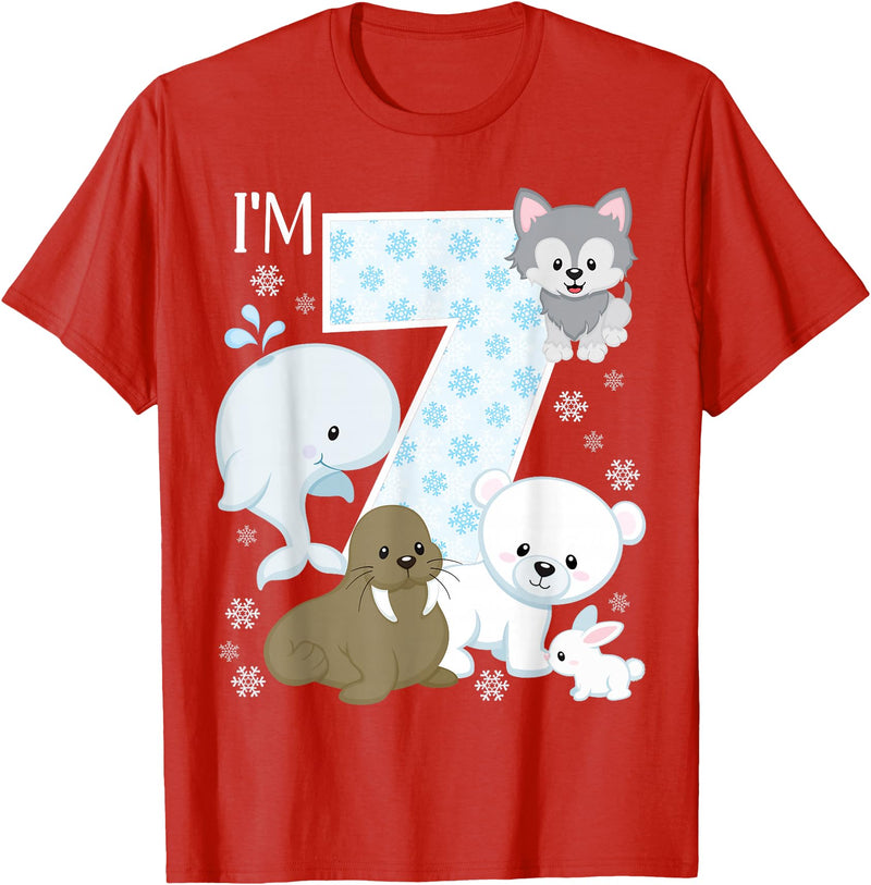 Arctic Animals Birthday Party Family Matching Bday Arctic Animals 7th Birthday Polar Bear Walrus Fox Sea Theme T-Shirt - Red