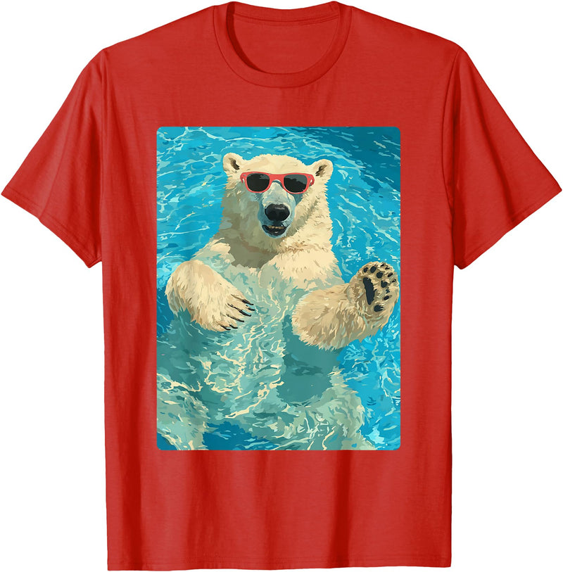 Pool Party Summer Animals Designs Funny Polar Bear with Sunglasses Summer Animal Swimming T-Shirt - Red