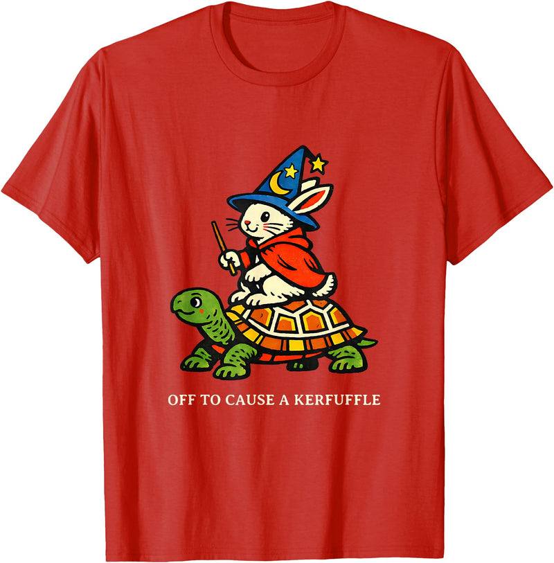 Off to Cause a Kerfuffle Bunny Rabbit Turtle T-Shirt in Red