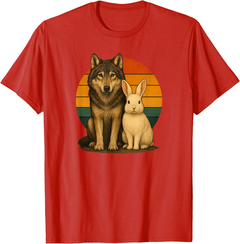 Wolf Rabbit Retro Animal Friends T-Shirt in Red
