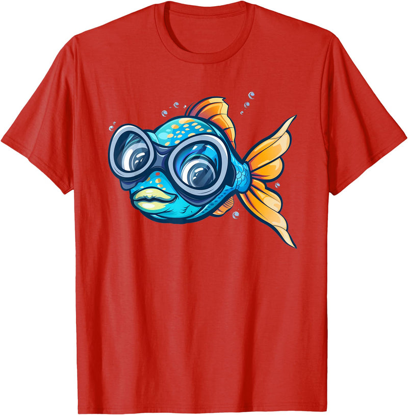 Fish with diving Googles Outfit Funny Fish Face Outfit for Summer and Fishes Lovers T-Shirt - Red