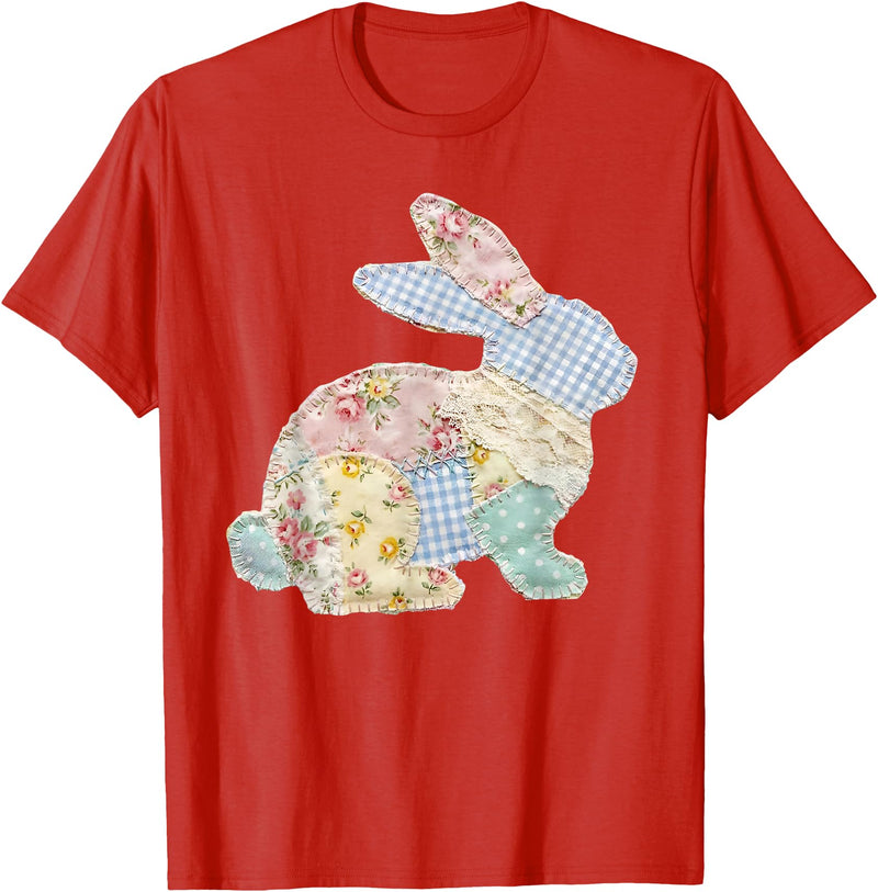 Funny Bunny Patchwork Rabbit Eggs Happy Easter Day Retro T-Shirt in Red