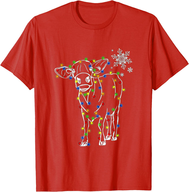Cow Christmas Light Tree Cow Xmas Snow Lover T-Shirt - Red