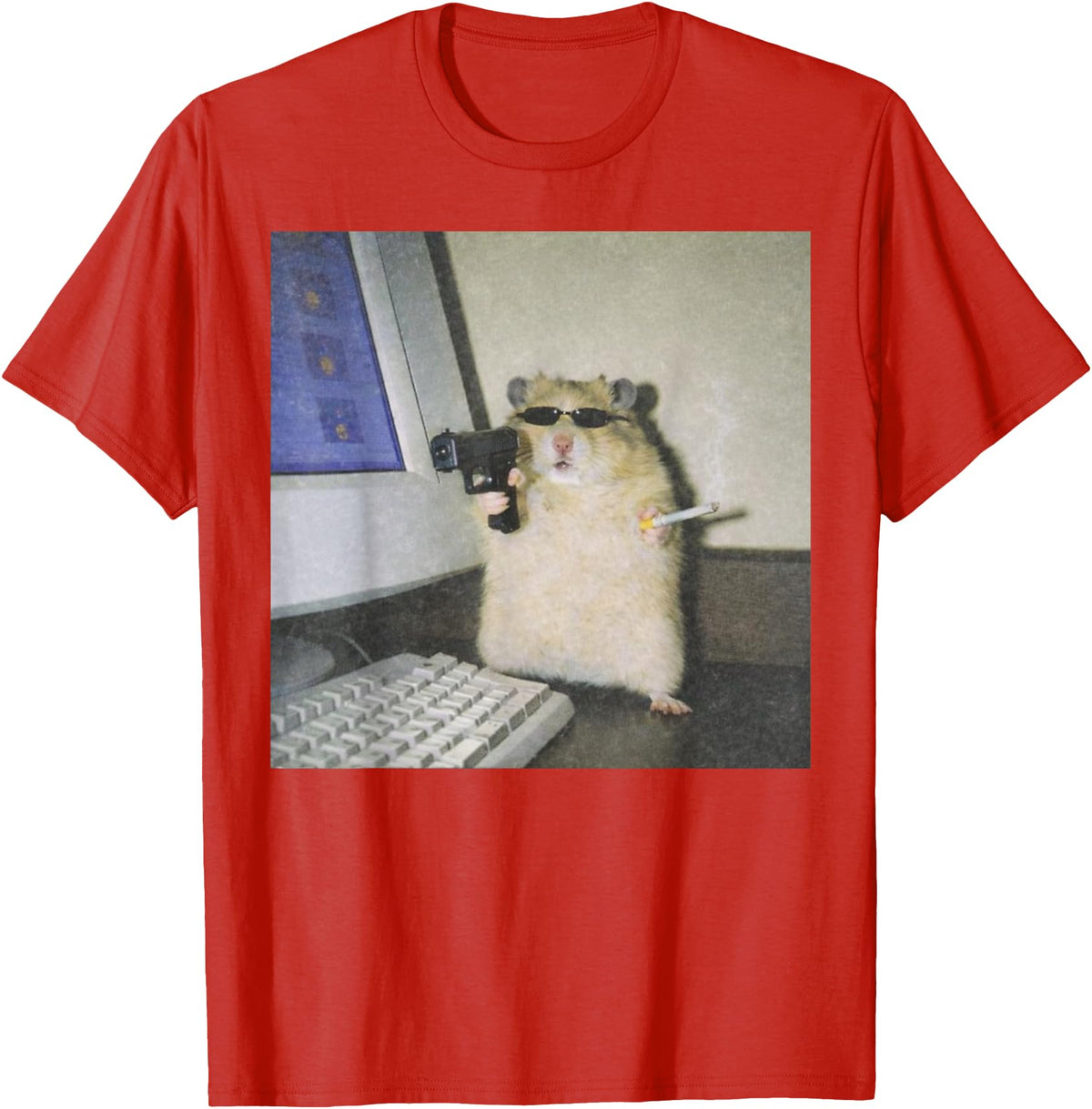 Cyber Hamster Meme Cringe Funny Animal Vintage Graphic Tee T-Shirt - Red