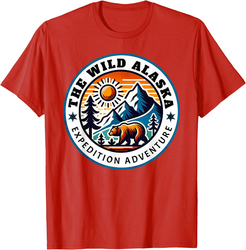 Hiking Glacier Bear and Alaska Frontier Apparel Glacier Mountain Landscape and Alaskan Bear Wildlife T-Shirt - Red