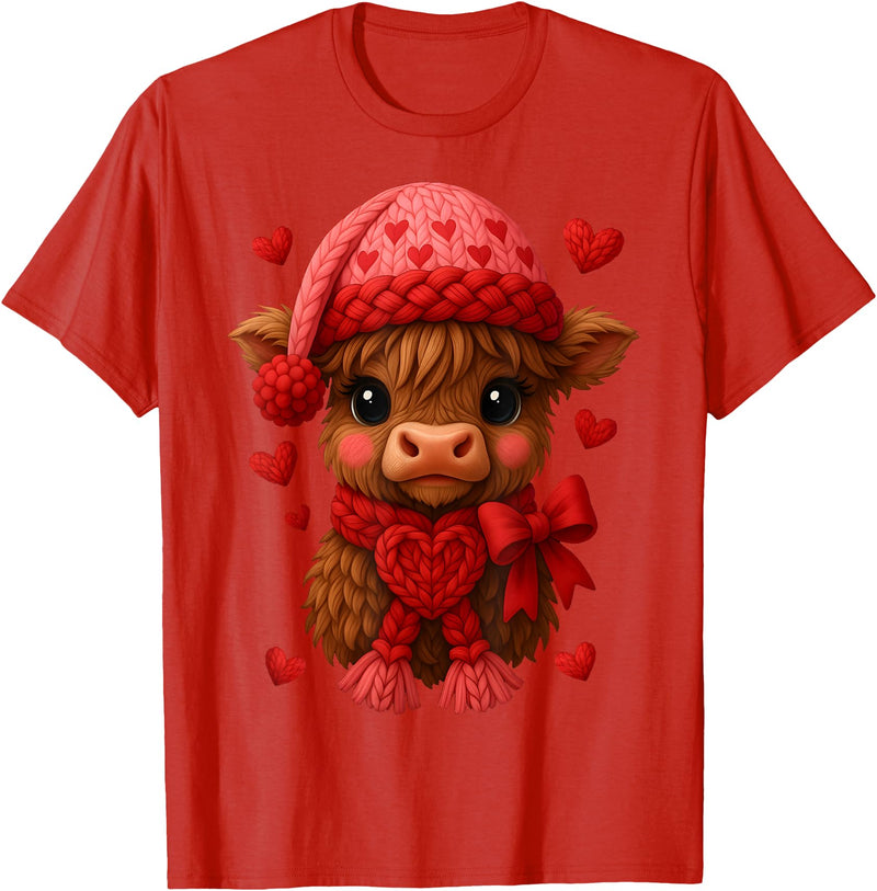 Coquette Bow Highland Cow Valentine Women Girls. Highland Cow Valentines Day Funny Hearts Valentine Cow Women T-Shirt - Red