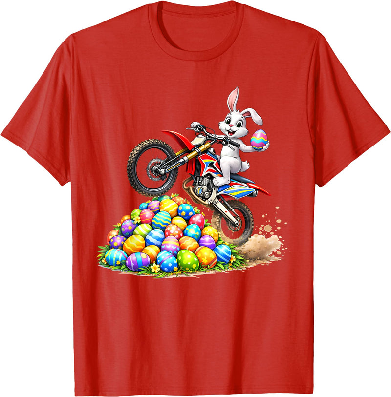 Cool Easter Bunny Dirt Bike Rider Funny Motocross Rabbit T-Shirt in Red