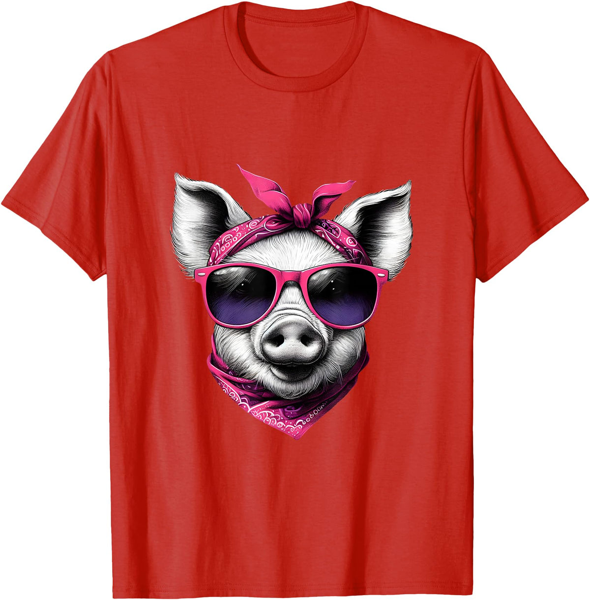 Fashionable Animals Wearing Pink Bandanas Pig Wearing A Pink Bandana Headband And Sunglasses T-Shirt - Red