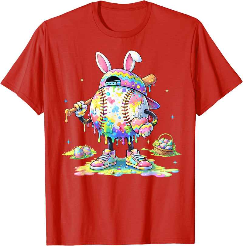 Dripping Tie Dye Rabbit Baseball Easter Bunny Men Boy Kid T-Shirt in Red