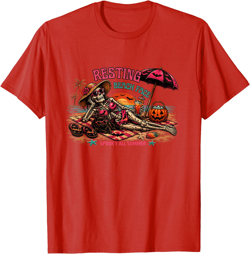 Spooky Summer Vibes retro summerween halloween Funny Skeleton Beach Halloween Resting Beach Face summerween T-Shirt - Red