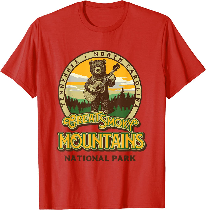 The Thrift Garage Great Smoky Mountains National Park Guitar Bear Cute Smokies T-Shirt - Red