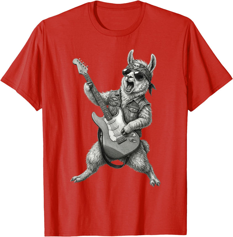 Rock Guitar Llama Stuff Accessories & Gifts Llama Playing Guitar Rock & Roll Llamas Alpaca Rocker Music T-Shirt - Red