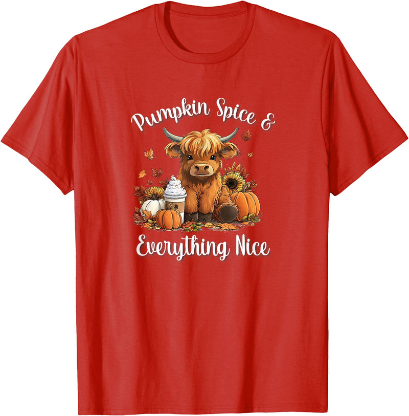 Boho Cowgirl Fall Y'all Gifts T Shirts & Hoodies Womens Pumpkin Spice & Everything Nice Highland Cow Lover T-Shirt - Red
