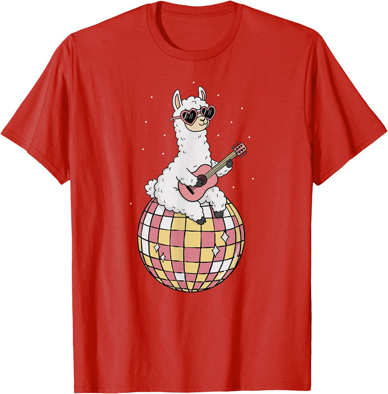 DiscoballAxis1 Funny Llama Disco Dancing Ball Groovy Retro 80s Costume T-Shirt - Red
