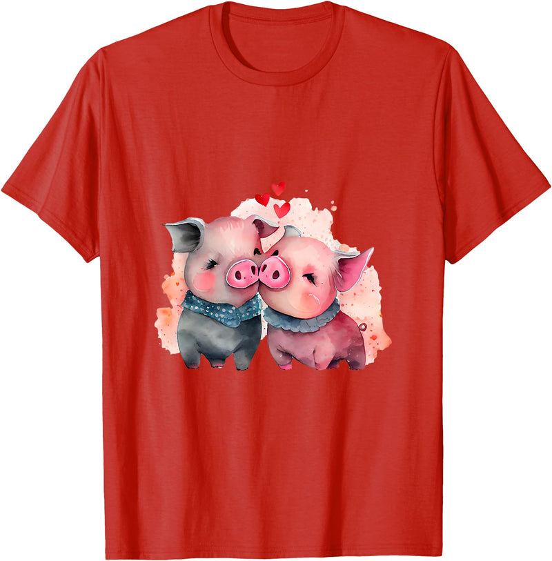 Unique Pig Lover Decor & Apparel Gifts Shop Two Loving Pigs In Love Heart Valentine's Day Pig T-Shirt - Red