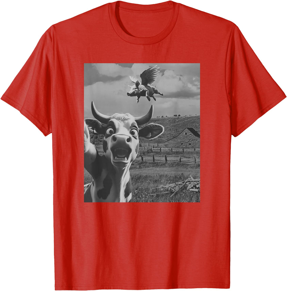When Pigs Fly Pig Lover Designs Apparel Gifts Cow Selfie With Flying Pigs Fly Funny Gift for Men Women Kid T-Shirt - Red