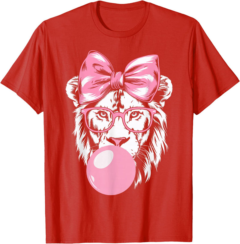Lion Bubblegum Lion Wearing Glasses and Blowing Pink Bubble Gum T-Shirt - Red