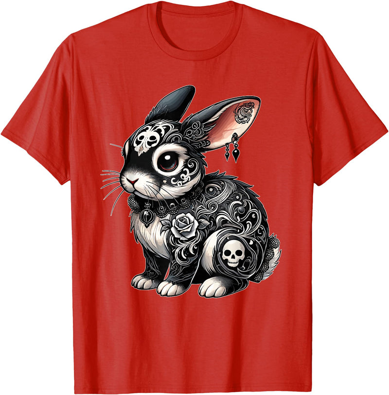 Gothic Filigree Rabbit with Skulls T-Shirt in Red