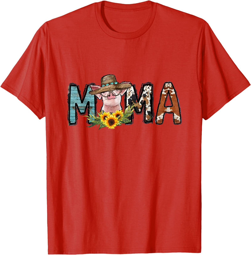 Pig Mama Pig Mom Sunflower Country Farm Life Cowhide T-Shirt - Red