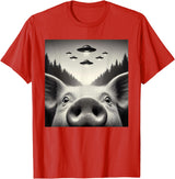 Funny Pig Selfie With UFOs Funny Pig Selfie UFO Alien Humor Vintage Print Art Design T-Shirt - Red