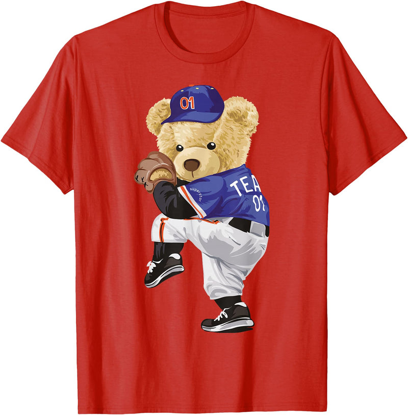 BERSLL Cute Teddy Bear Baseball Jug Sweatshirt T-Shirt - Red