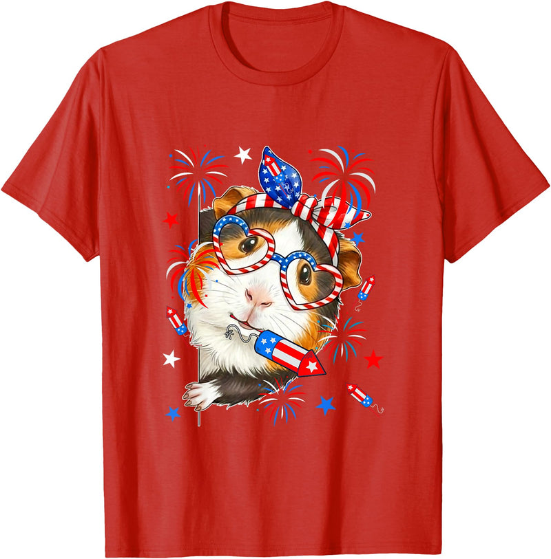 Rodent 4th Of July Costume Guinea Pig Sunglasses US Flag Bow Tie Fireworks 4th July T-Shirt - Red