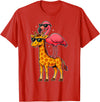 Funny Flamingo Riding Giraffe Cute Animals Funny Flamingo and Giraffe Cool Animals Friends T-Shirt - Red