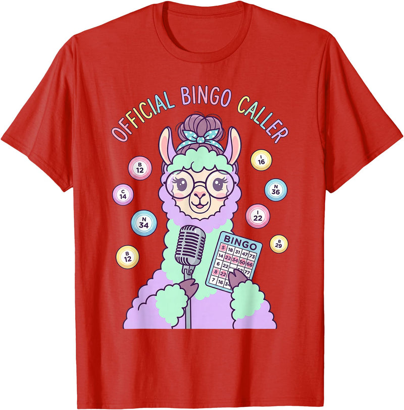 Cute Bingo Caller Activity Staff Gear Official Bingo Caller Llama Funny Activity Director Alpaca T-Shirt - Red
