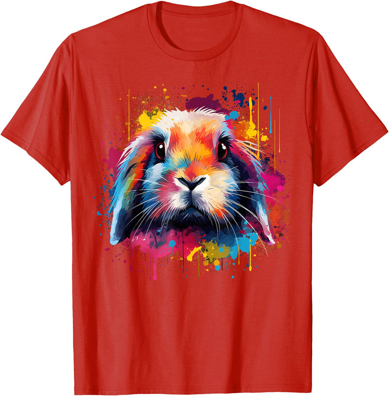 Cute Holland Lop Rabbit Lover Colorful Splash Art T-Shirt in Red