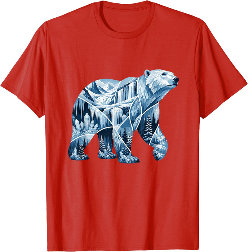 Arctic Polar Bear Mountain Waterfall Nature Arctic Polar Bear Forest Waterfall Landscape T-Shirt - Red
