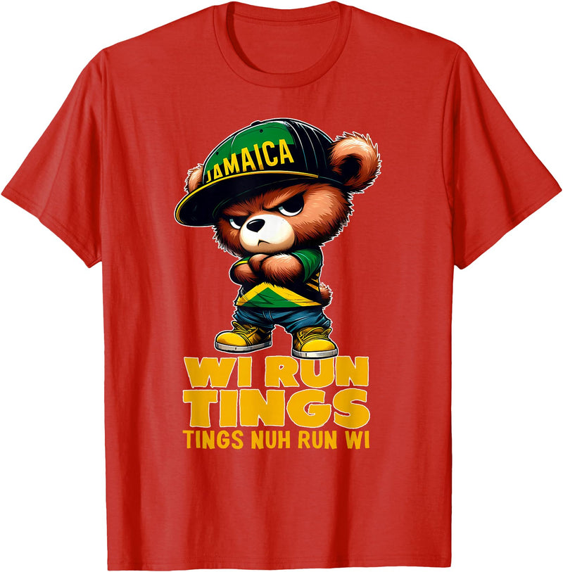 Jamaican Gifts for proud Jamaican Men, Women, Kids WI RUN TINGS Teddy Bear Jamaica Flag Shirt Jamaican Clothing T-Shirt - Red